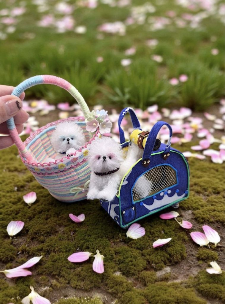 Вязаная миниатюрная игрушка Бишончики с корзинкой и сумкой-переноской