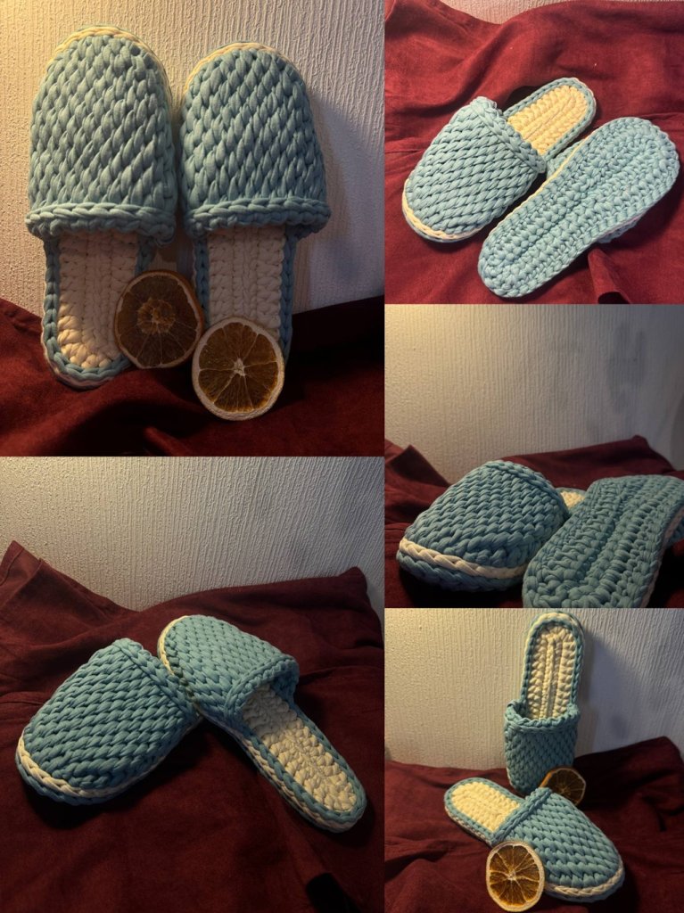 Тапочки вязанные из трикотажной пряжи