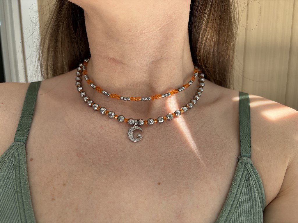 Чокер двойной из гематита и биконусов